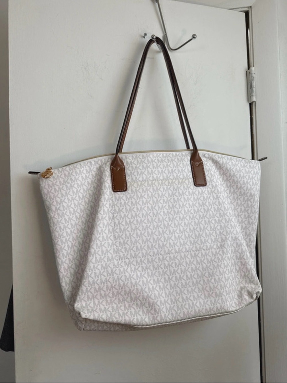 Michael Kors White Tote with Yellow Center Stripe and Brown Handles - Picture 2 of 4